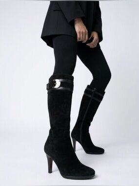 Black Suede Knee-High Heeled Boots